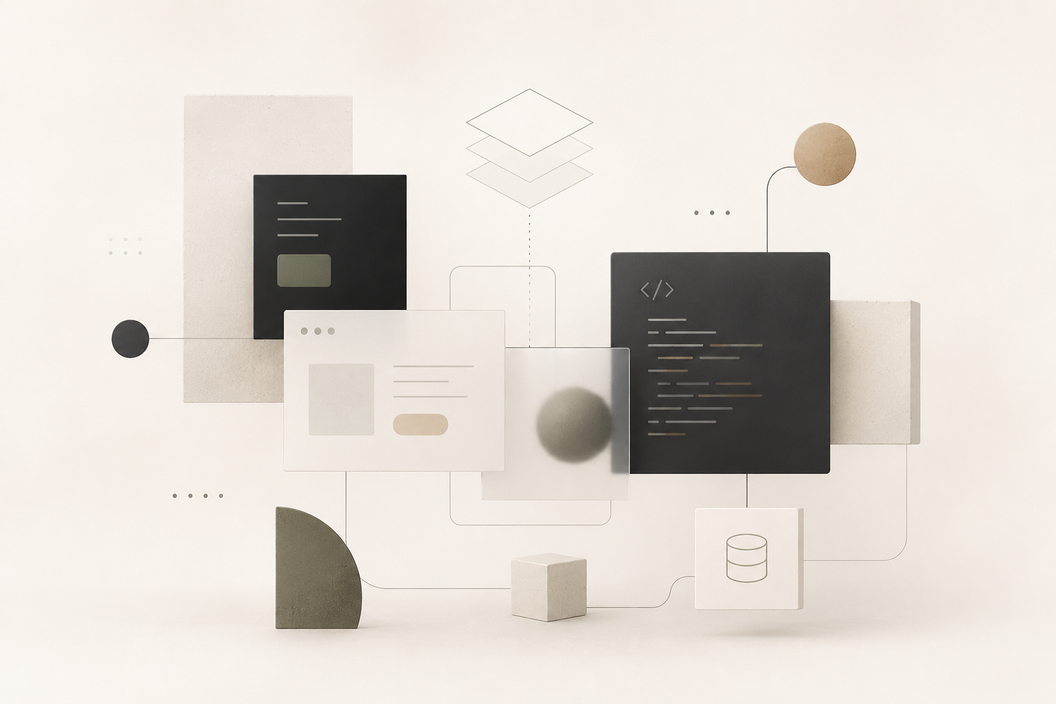 Dark product engineering workspace with code, CMS, and interface preview on large monitors